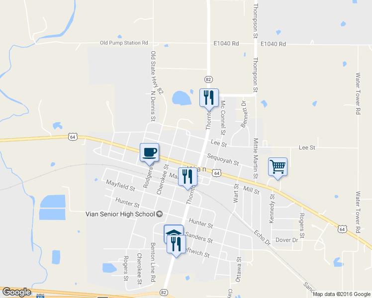 map of restaurants, bars, coffee shops, grocery stores, and more near Sequoyah Street in Vian