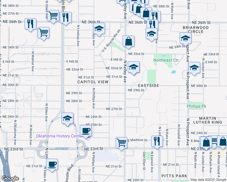 map of restaurants, bars, coffee shops, grocery stores, and more near 925 Northeast 30th Street in Oklahoma City