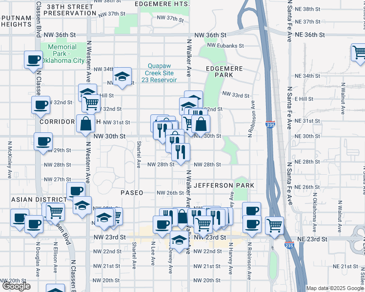 map of restaurants, bars, coffee shops, grocery stores, and more near 3020 North Walker Avenue in Oklahoma City