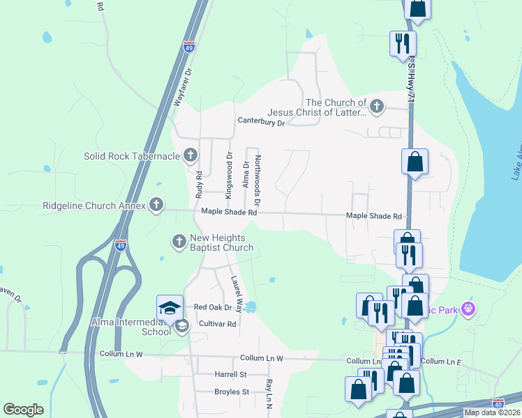 map of restaurants, bars, coffee shops, grocery stores, and more near 1321 Springdale Dr in Alma