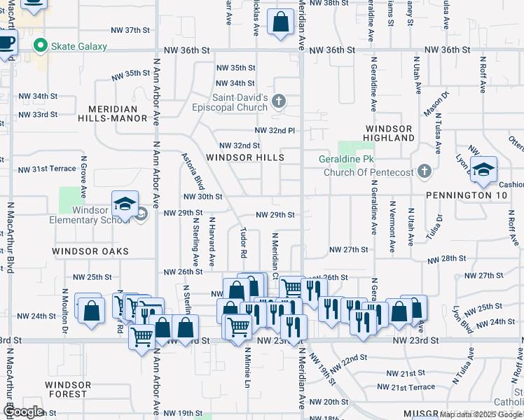 map of restaurants, bars, coffee shops, grocery stores, and more near 3100 Windsor Terrace in Oklahoma City