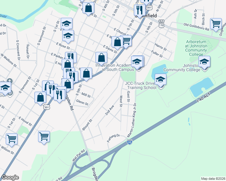 map of restaurants, bars, coffee shops, grocery stores, and more near 703 Blount Street in Smithfield