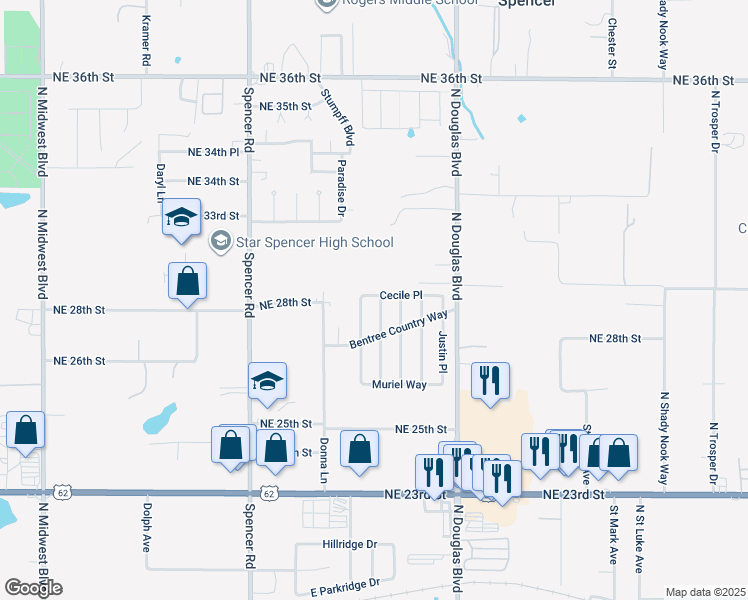 map of restaurants, bars, coffee shops, grocery stores, and more near 2921 Lindsay Lane in Spencer