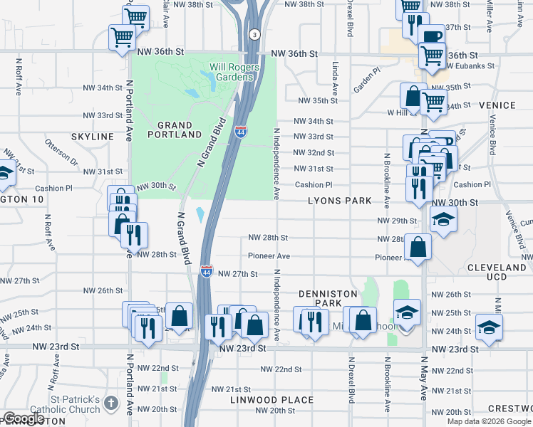 map of restaurants, bars, coffee shops, grocery stores, and more near 3313 Northwest 29th Street in Oklahoma City