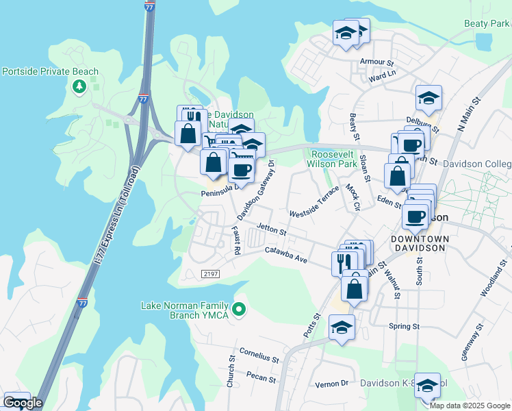 map of restaurants, bars, coffee shops, grocery stores, and more near 1047 Central Park Circle in Davidson