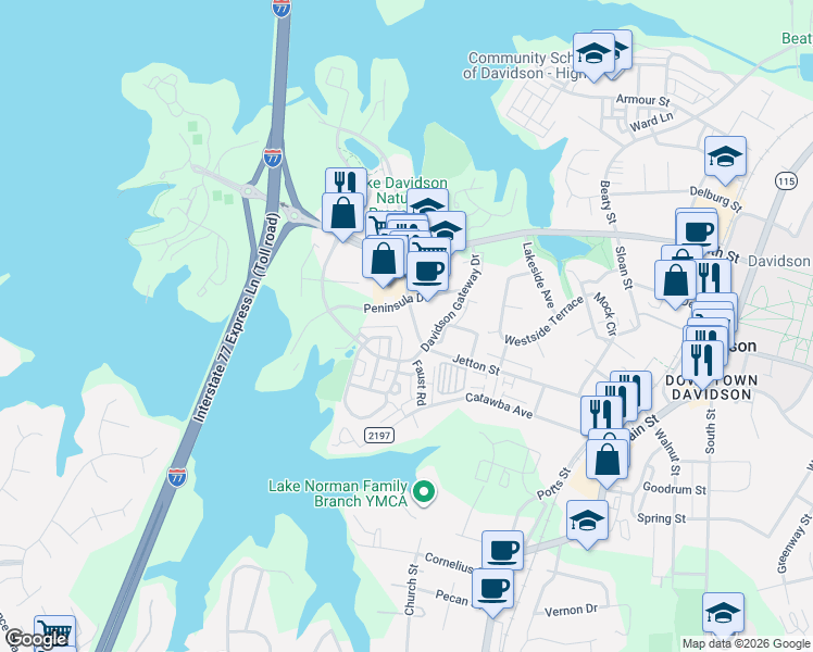 map of restaurants, bars, coffee shops, grocery stores, and more near 560 Jetton Street in Davidson