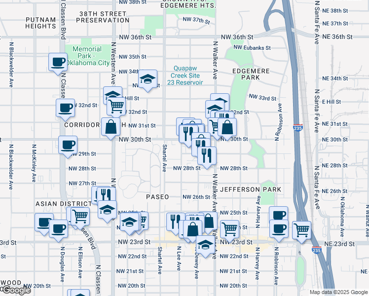 map of restaurants, bars, coffee shops, grocery stores, and more near 619 Northwest 30th Street in Oklahoma City