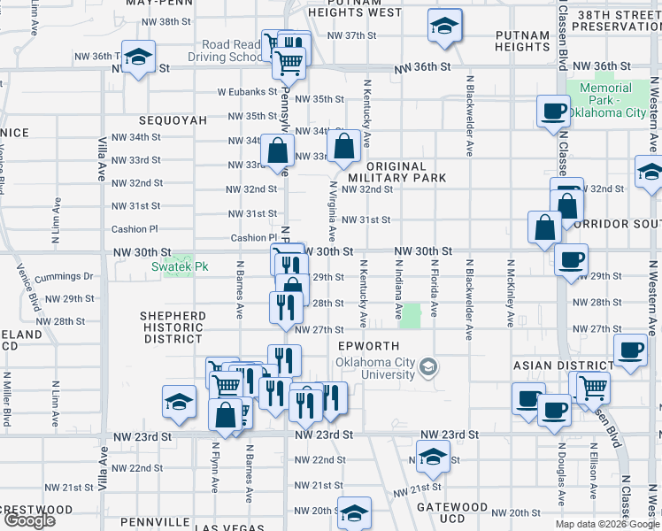 map of restaurants, bars, coffee shops, grocery stores, and more near 1931 Northwest 30th Street in Oklahoma City