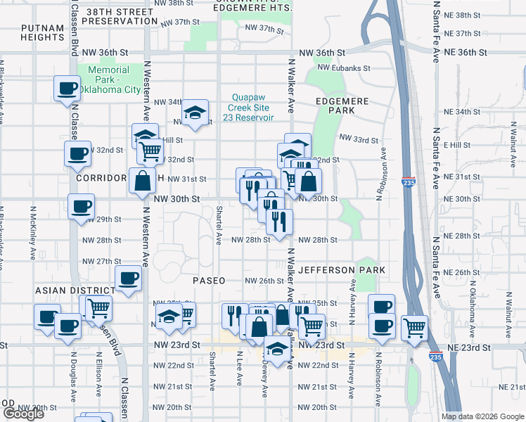 map of restaurants, bars, coffee shops, grocery stores, and more near 526 Northwest 30th Street in Oklahoma City