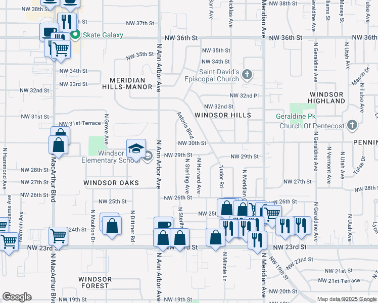 map of restaurants, bars, coffee shops, grocery stores, and more near 4808 Northwest 30th Street in Oklahoma City