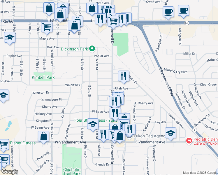 map of restaurants, bars, coffee shops, grocery stores, and more near 104 Yukon Avenue in Yukon