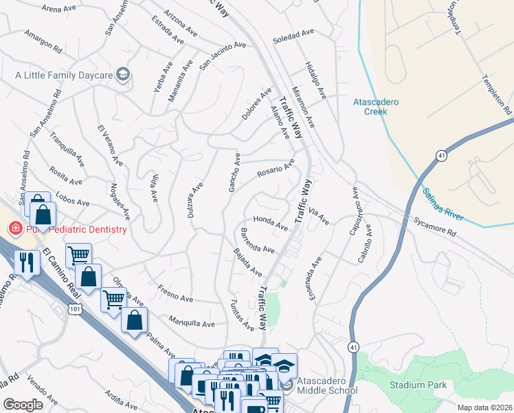 map of restaurants, bars, coffee shops, grocery stores, and more near 5350 Juarez Avenue in Atascadero