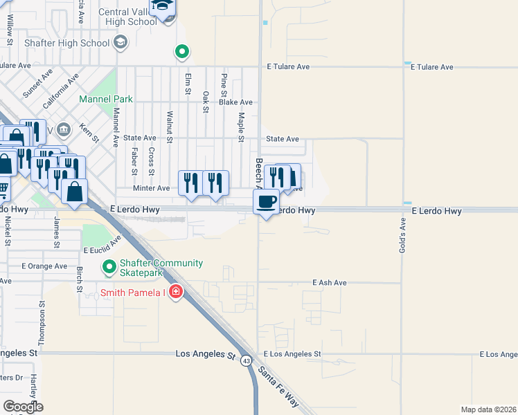 map of restaurants, bars, coffee shops, grocery stores, and more near 2 Beech Avenue in Shafter