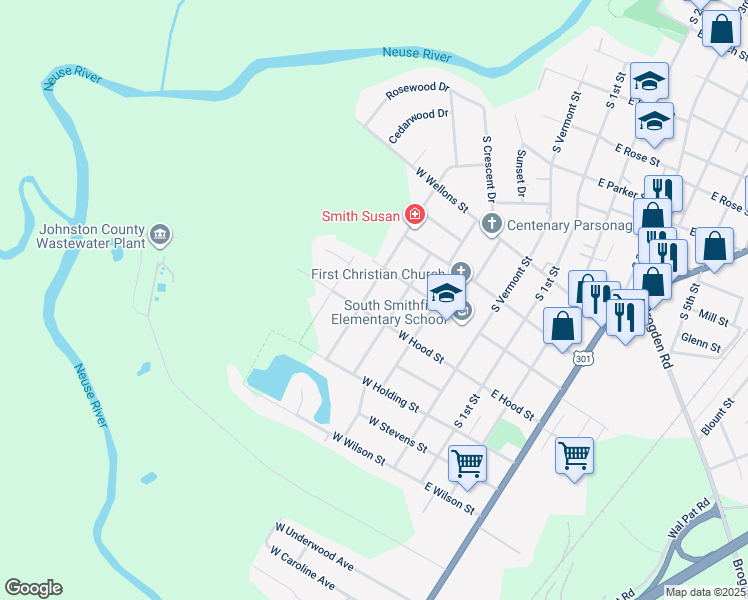map of restaurants, bars, coffee shops, grocery stores, and more near 1115 Chestnut Drive in Smithfield