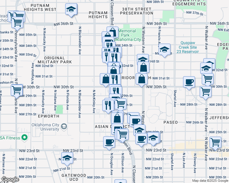 map of restaurants, bars, coffee shops, grocery stores, and more near 1406 Northwest 30th Street in Oklahoma City