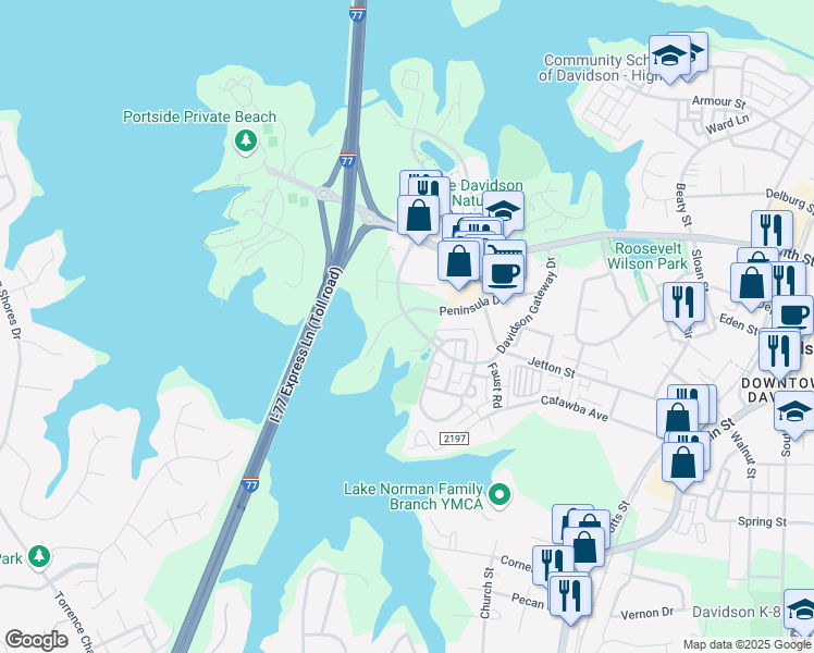 map of restaurants, bars, coffee shops, grocery stores, and more near 586 Davidson Gateway Drive in Davidson