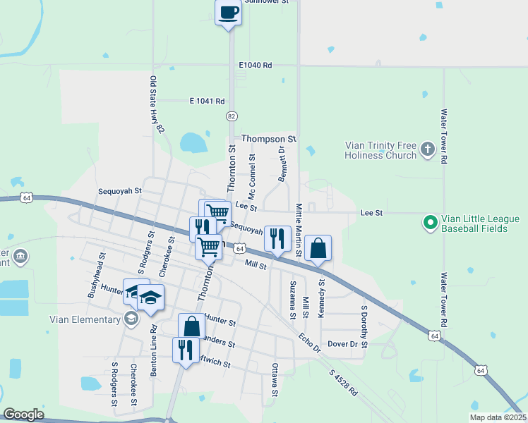 map of restaurants, bars, coffee shops, grocery stores, and more near 311 North Dennis Street in Vian