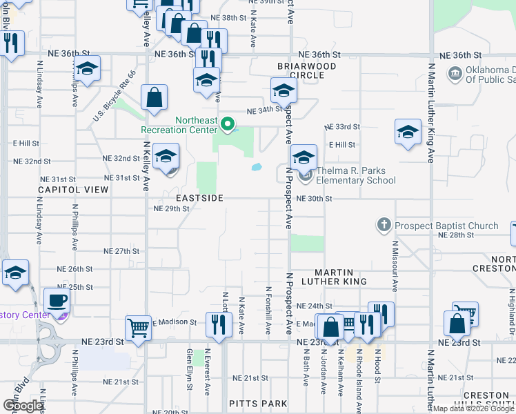 map of restaurants, bars, coffee shops, grocery stores, and more near 1330 Northeast 30th Street in Oklahoma City