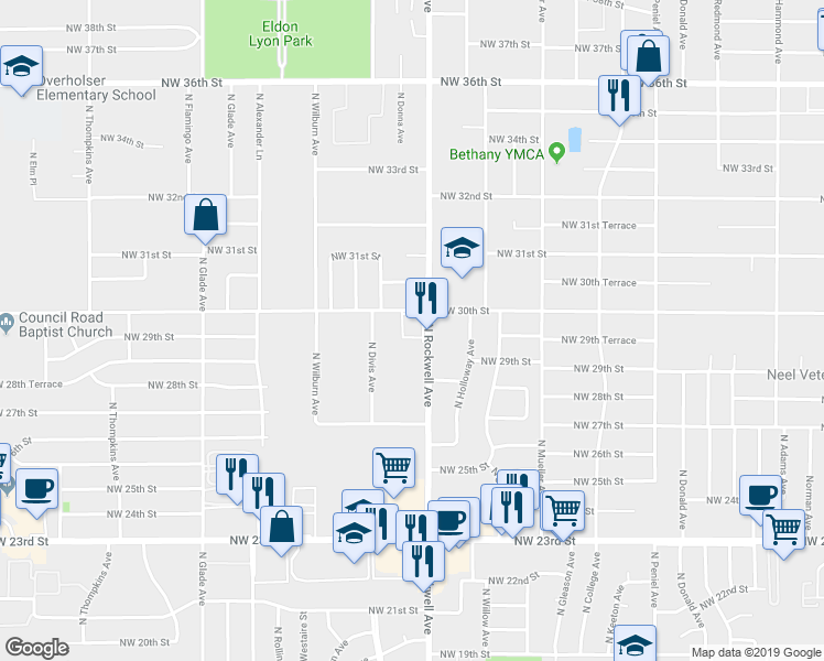 map of restaurants, bars, coffee shops, grocery stores, and more near 7119 Northwest 30th Street in Bethany