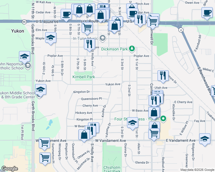 map of restaurants, bars, coffee shops, grocery stores, and more near 403 Yukon Avenue in Yukon