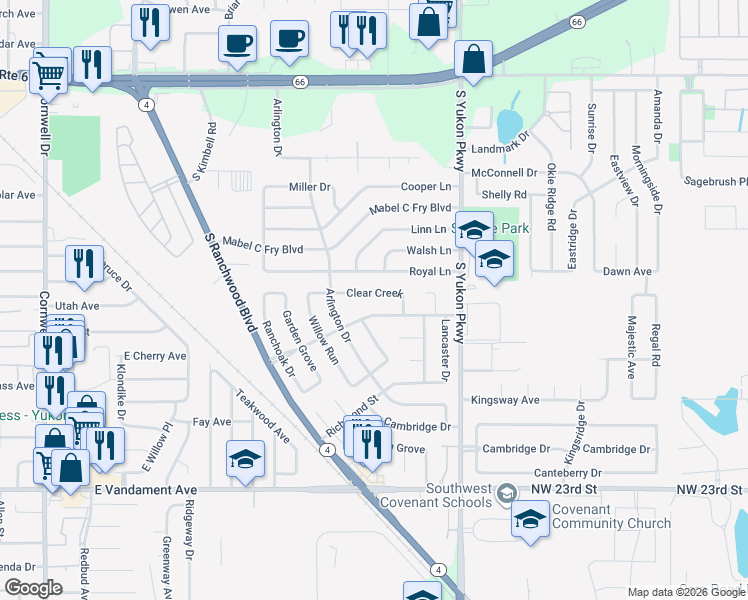 map of restaurants, bars, coffee shops, grocery stores, and more near 921 Clear Creek in Yukon