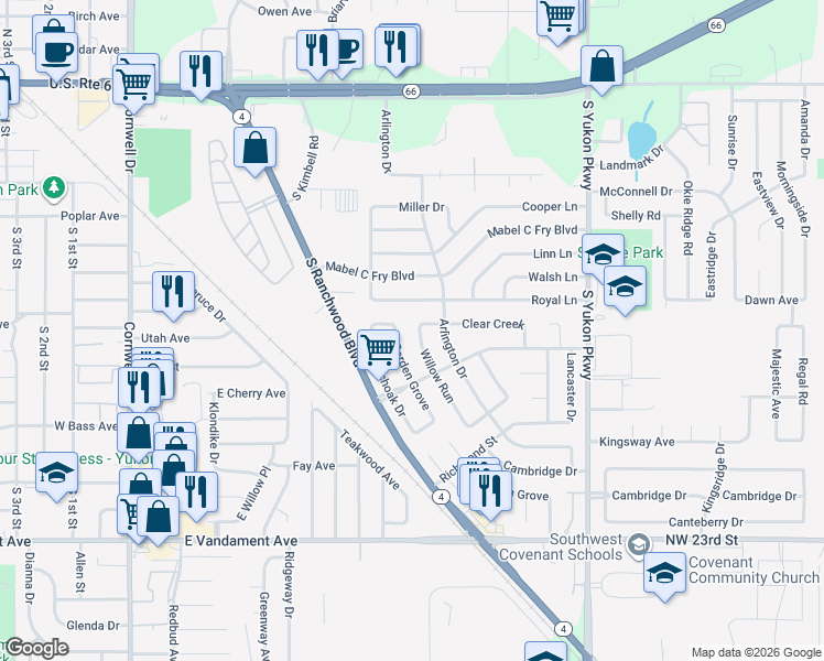 map of restaurants, bars, coffee shops, grocery stores, and more near 805 Clear Creek in Yukon