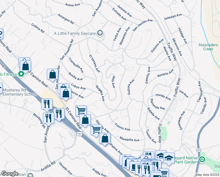 map of restaurants, bars, coffee shops, grocery stores, and more near 5355 El Verano Avenue in Atascadero