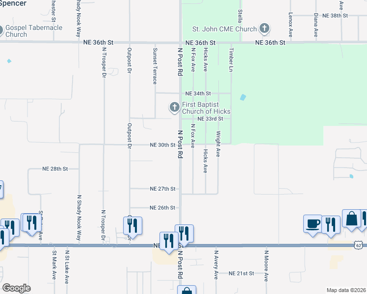 map of restaurants, bars, coffee shops, grocery stores, and more near 3108 North Post Road in Oklahoma City