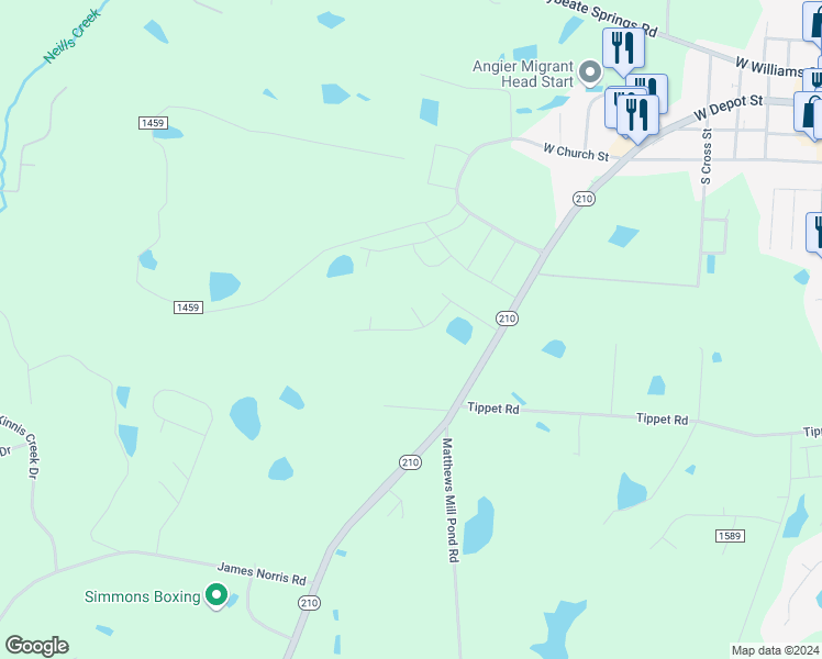 map of restaurants, bars, coffee shops, grocery stores, and more near 136 Kings Way in Angier
