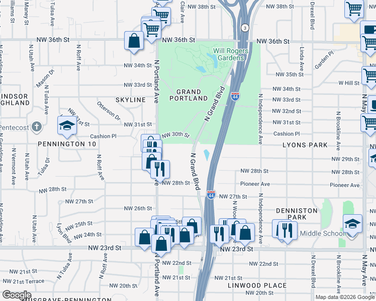 map of restaurants, bars, coffee shops, grocery stores, and more near 3033 North Grand Boulevard in Oklahoma City