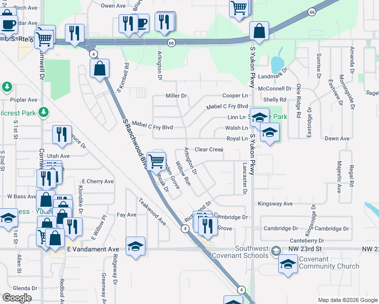 map of restaurants, bars, coffee shops, grocery stores, and more near 907 Clear Creek in Yukon