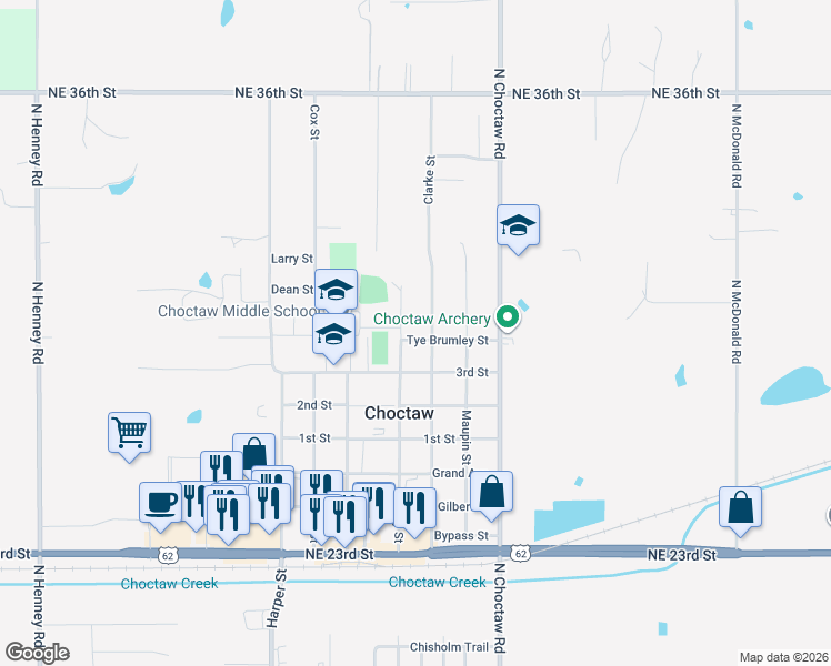 map of restaurants, bars, coffee shops, grocery stores, and more near 14839 Tye Brumley Street in Choctaw