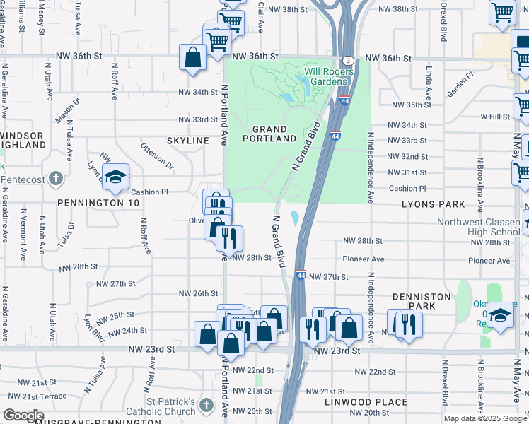 map of restaurants, bars, coffee shops, grocery stores, and more near 3033 North Grand Boulevard in Oklahoma City