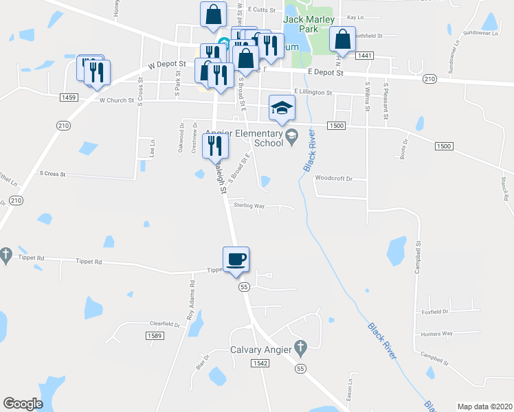 map of restaurants, bars, coffee shops, grocery stores, and more near 104 Sterling Way in Angier