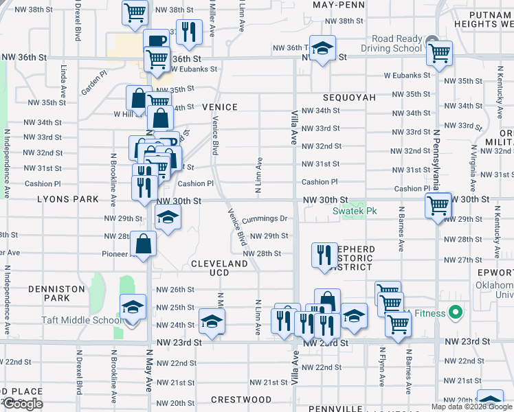 map of restaurants, bars, coffee shops, grocery stores, and more near 2541 Northwest 30th Street in Oklahoma City