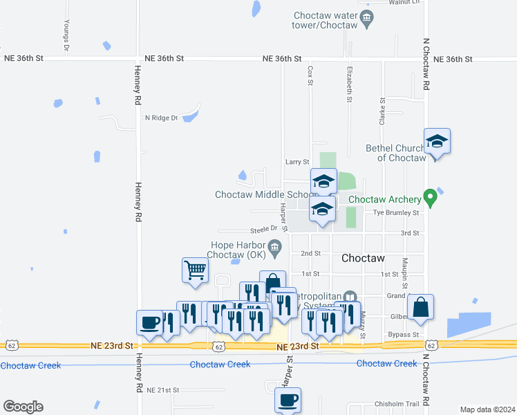 map of restaurants, bars, coffee shops, grocery stores, and more near 14415 Jesse Drive in Choctaw
