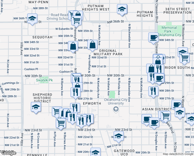 map of restaurants, bars, coffee shops, grocery stores, and more near 3017 North Kentucky Avenue in Oklahoma City