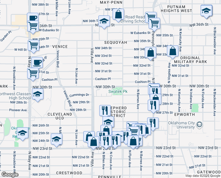 map of restaurants, bars, coffee shops, grocery stores, and more near 2400 Northwest 30th Street in Oklahoma City