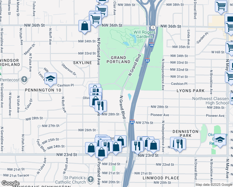 map of restaurants, bars, coffee shops, grocery stores, and more near 3033 North Grand Boulevard in Oklahoma City