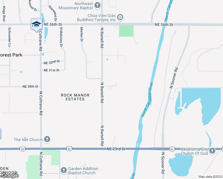 map of restaurants, bars, coffee shops, grocery stores, and more near 5000 Northeast 30th Street in Oklahoma City