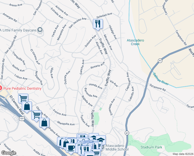 map of restaurants, bars, coffee shops, grocery stores, and more near 5205 Barrenda Avenue in Atascadero