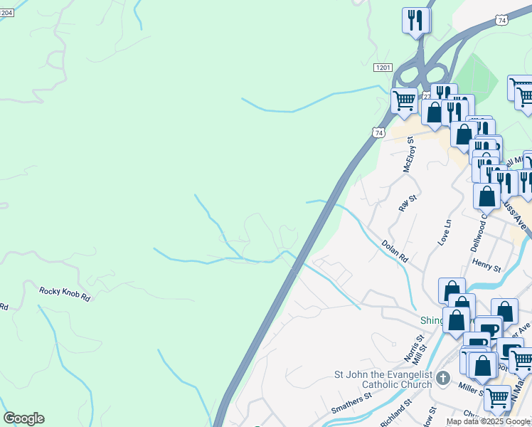 map of restaurants, bars, coffee shops, grocery stores, and more near 142 Lansing Road in Waynesville