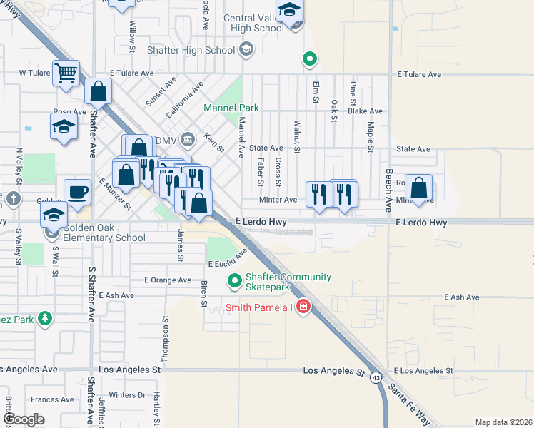 map of restaurants, bars, coffee shops, grocery stores, and more near 588 East Lerdo Highway in Shafter