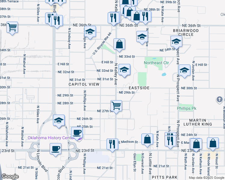 map of restaurants, bars, coffee shops, grocery stores, and more near 936 Northeast 30th Street in Oklahoma City