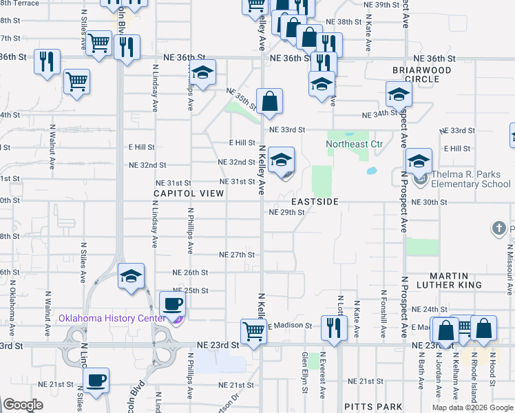 map of restaurants, bars, coffee shops, grocery stores, and more near in Oklahoma City
