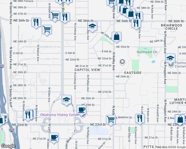 map of restaurants, bars, coffee shops, grocery stores, and more near 804 Northeast 30th Street in Oklahoma City