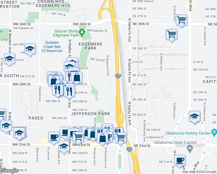map of restaurants, bars, coffee shops, grocery stores, and more near 124 Northwest 30th Street in Oklahoma City