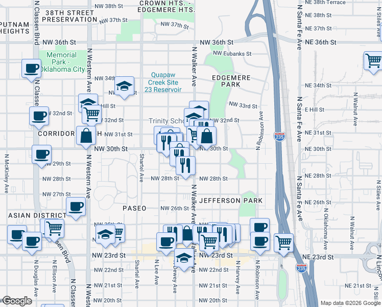 map of restaurants, bars, coffee shops, grocery stores, and more near 3020 North Walker Avenue in Oklahoma City