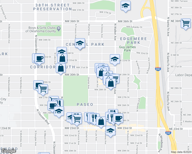 map of restaurants, bars, coffee shops, grocery stores, and more near 619 Northwest 30th Street in Oklahoma City