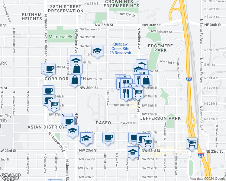 map of restaurants, bars, coffee shops, grocery stores, and more near 619 Northwest 30th Street in Oklahoma City